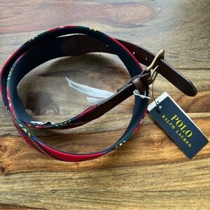 New Polo Ralph Lauren Wool Blend Full Grain Leather Tartan Brass Buckle Belt XL